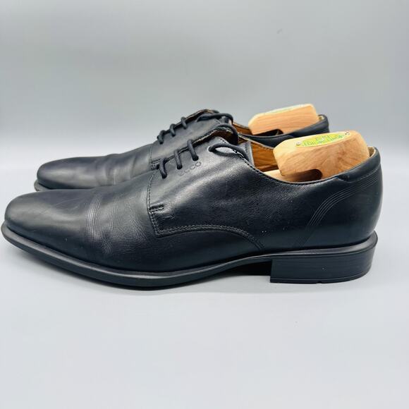 ECCO Shoes Mens 11 Black Leather Cap Toe Derby Oxford Dress Comfort Classic